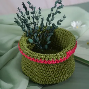 green and deep pink border crochet cotton basket, exquisite color combination, versatile handmade basket, durable and sturdy
