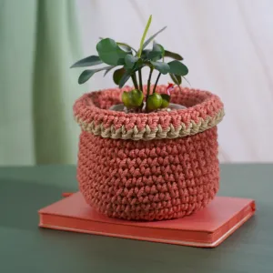 pink with beige border crochet cotton basket, sweet color, storing items or wrapping plant pots, a gift for feminine individuals