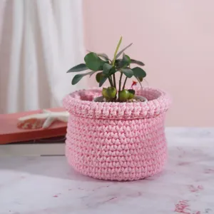 light pink with pink synthetic thread crochet cotton basket, sweet pastel handmade basket, room decoration or bookshelf accessory