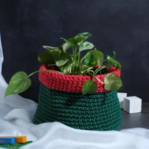 green with red border crochet cotton basket, versatile handmade basket, striking color tone, storing items, wrapping plant pots