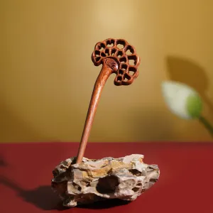 petal-shaped wooden hair stick, intricately carved and polished, soft lines, exquisite hair accessory, captivating every glance
