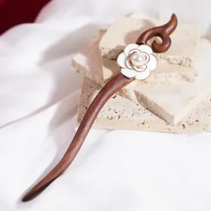 white flower wooden hair stick, soft and graceful lines, exquisite attention to detail, rustic natural wood grain