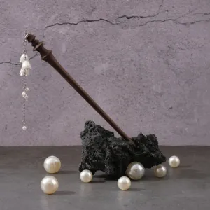 lily of the valley 2 dangle wooden hair stick, elegant hair accessory, delicate white orchid blooms, soft lines, handcrafted stick