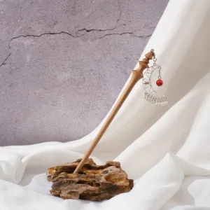 crescent moon dangle wooden hair stick, elegant patterns, regal and elegant style, traditional beauty