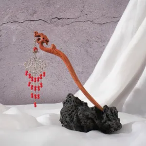 red pearl dangle wooden hair stick, impressive patterns, noble beauty, elegant hair accessory, exquisite attention to detail