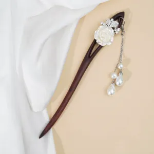 white rose drop wooden hair stick, elegant white rose patterns, premium wood material, regal and classy beauty