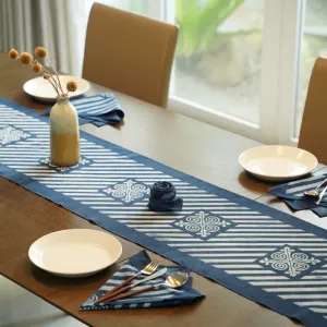 set of thick cotton brocade table runner and placemats, fresh blue color, dining table decoration accessories, elegant and refined
