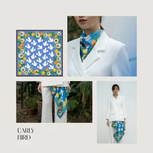 early birds silk scarf, high-quality silk scarf, artistic pattern, handcrafted design, brightly colored silk scarf, silk neck scarf