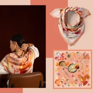 orange squirrels silk scarf, orange silk scarf, patterned scarf, designer silk scarf, fashion accessory, handbag decoration