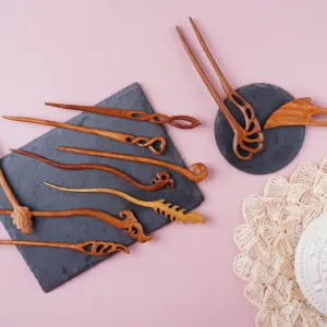 nature-shaped wooden hair pins, various designs, exquisitely handcrafted, graceful curves, delicate lines