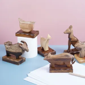 wooden animal figures, solid wood material, natural wood grain patterns, cute living space decoration, environmentally friendly