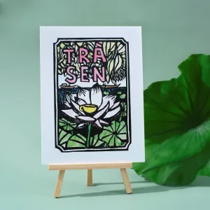 lotus tea, woodcut artprint, artistic perspective, blend of traditional and modern artistry.