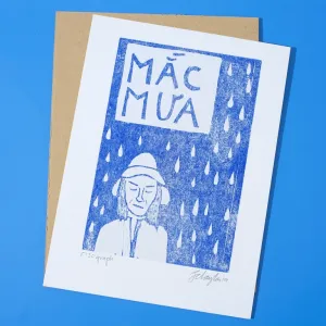 stuck in the rain, woodcut artprint, depicting the mood of a rainy day, made with recycled paper and soy-based ink