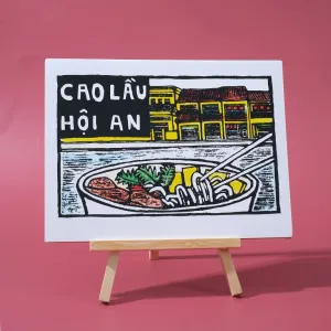 hoi an “cao lầu”, woodcut artprint, depicting vietnamese cuisine and culture, high-quality paper, colorfast