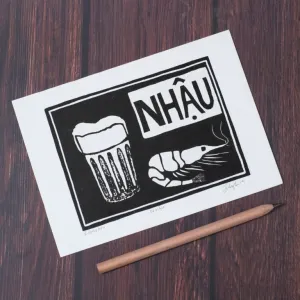 “nhau”, woodcut artprint, vietnamese culture, environmentally friendly materials, decorative art