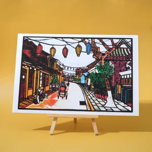 a quiet hoi an, woodcut artprint, harmonious colors, peaceful and rustic landscape, vietnamese beauty