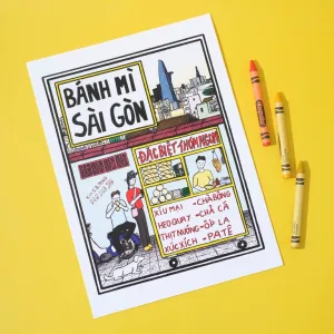 saigon banh mi, woodcut artprint, depicting traditional banh mi vendor, artistic masterpiece