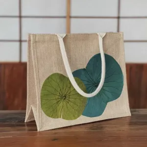 lotus-leaf jute bags, sturdy and durable material, beautiful lotus pattern, spacious storage compartment, exquisite handmade product