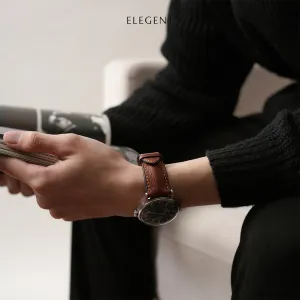 dark brown vachetta leather handcrafted watch strap, natural vein pattern, elegant and mature style, a gift for men