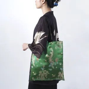 dragon & phoenix brocade green tote bag, traditional dragon phoenix patterns, unique design, traditional beauty, vietnamese culture