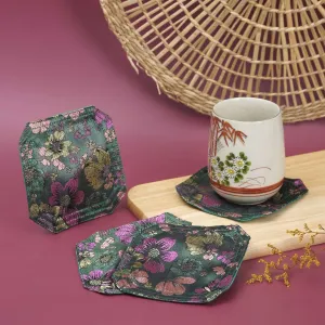 teal brocade coaster, vibrant floral design, luxurious brocade material, excellent absorbency, easy to clean
