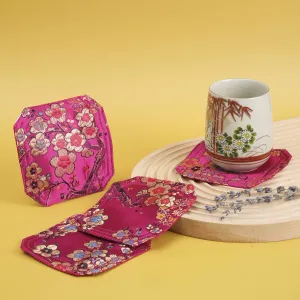 apricot on pink brocade coaster, bright and vibrant colors, traditional patterns, colorfast, easy to clean, handcrafted product