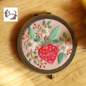 summer fruit hand embroidered mirror, compact handheld mirror, creative patterns, intricate hand embroidery, handmade product