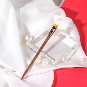 red flower resin & wooden hair stick, elegant wood grain and floral patterns, stylish and sophisticated, personalized touch
