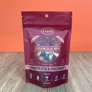 chocolate and coconut granola mix, 45g mini bag, chocolate cereal, nutritious breakfast, diabetes-friendly cereal