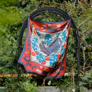 h'mong - rooster and corn silk scarf, traditional print scarf, designer scarf, soft silk scarf, art-printed scarf