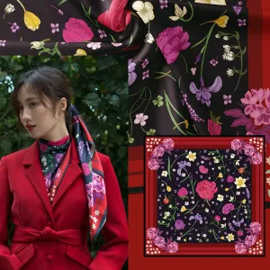 floral passion silk scarf, black patterned silk scarf, embroidered flower silk scarf, feminine style scarf, exclusive design scarf