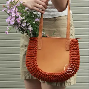 crochet fabric with vachetta leather bag, unique eye-catching design, exclusive design, trendy style, unique fashion accessory