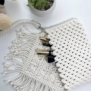 macrame envelope bag, handcrafted handbag, soft macrame material, pure white color, high durability, modern design