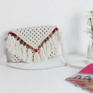 macrame envelope bag with colorful beads, vibrant colors, meticulous macrame knitting technique, highly practical, perfect street accessory