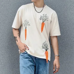 carrot handmade pattern cotton t-shirt, good elasticity t-shirt, pocket t-shirt, embroidered patterned t-shirt, cotton t-shirt