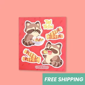 sticker tré trộn, gấu mèo ham ăn, nét vẽ đáng yêu, màu sắc sắc nét, không phai màu sau thời gian sử dụng