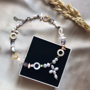 death sea necklace, beautiful pearl cross pendant, exquisite seed bead technique, y2k style, harmonious colors