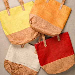 brocade and cork hemp tote bag, simple design, eco-friendly fabric material, naturally dyed color, spacious compartment