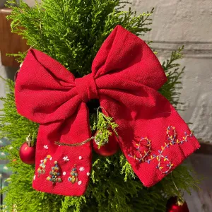 christmas trees embroidered linen bow hair tie, cute christmas accessory, fabric hair tie with noel pattern, vibrant deep red tone