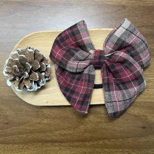 christmas red plaided embroidered linen bow hair tie, adorable caro pattern, sweet and lovely colors, timeless caro design