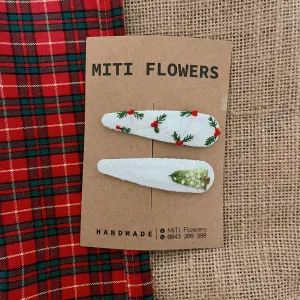 white embroidered linen hair clip, “special christmas” collection, meticulous and adorable embroidery, christmas gift for lover or friends