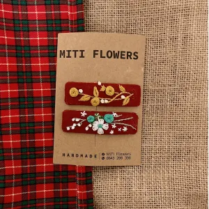 red embroidered linen hair clip, “special christmas” collection, floral patterns, vibrant colors, cute fabric hair clip for girls