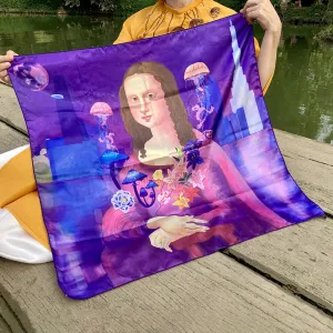 khăn lụa satin mona lisa, túi tote handmade, họa hình nàng mona lisa, phụ kiện thời trang sang trọng và quyến rũ