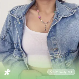 colorful long form necklace style 01, smile away collection, multi-colored smiley face charms, youthful and playful style
