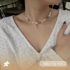 white necklace style 02, milky way collection, delicate chain, star-shaped charm embellishments, youthful design