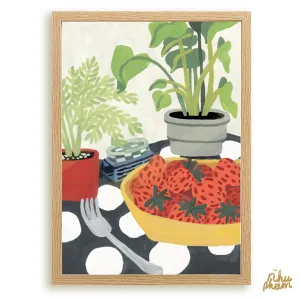 strawberry bowl tranh in trang trí khổ a3 / a4 kèm khung hình miễn phí, tranh tĩnh vật, tạo điểm nhấn cho không gian, chất liệu giấy ivory