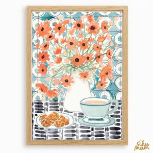 daisies and tea decorative art print, size a3 / a4, included frame, neat composition, soft colors, artistic painting