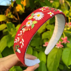 floral embroidery bow hair tie, spring garden collection, linen material, sweet colors, gift for feminine girls