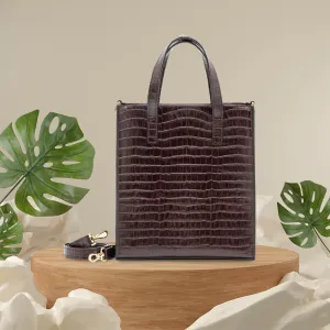 dark brown lily bag, crocodile embossed leather bag, natural crocodile pattern exudes sophistication, spacious enough for a laptop