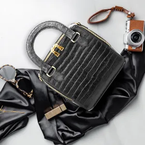 black maya bag, square crocodile embossed leather bag, square-shaped bag, genuine leather material, natural matte shine